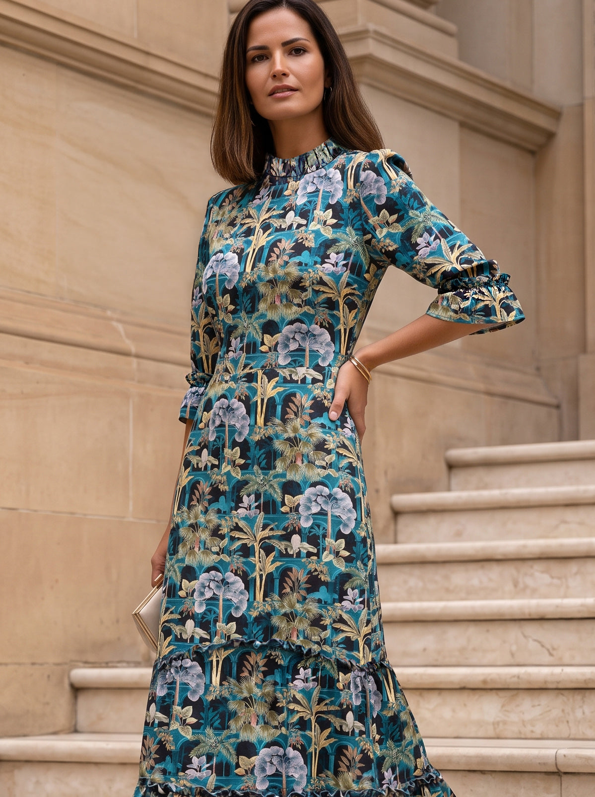 idley_London_Black_Teal_Tropical_Babylon_Liberty_Print_Silk_Satin_Jacqueline_Maxi_Bespoke_Wedding_Guest_Mother_of_The_Bride_Dress_With_Ruffled_High_Necked_Collar_Tiered_Skirt_And_Three_Quarter_Length_Sleeves