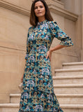 idley_London_Black_Teal_Tropical_Babylon_Liberty_Print_Silk_Satin_Jacqueline_Maxi_Bespoke_Wedding_Guest_Mother_of_The_Bride_Dress_With_Ruffled_High_Necked_Collar_Tiered_Skirt_And_Three_Quarter_Length_Sleeves
