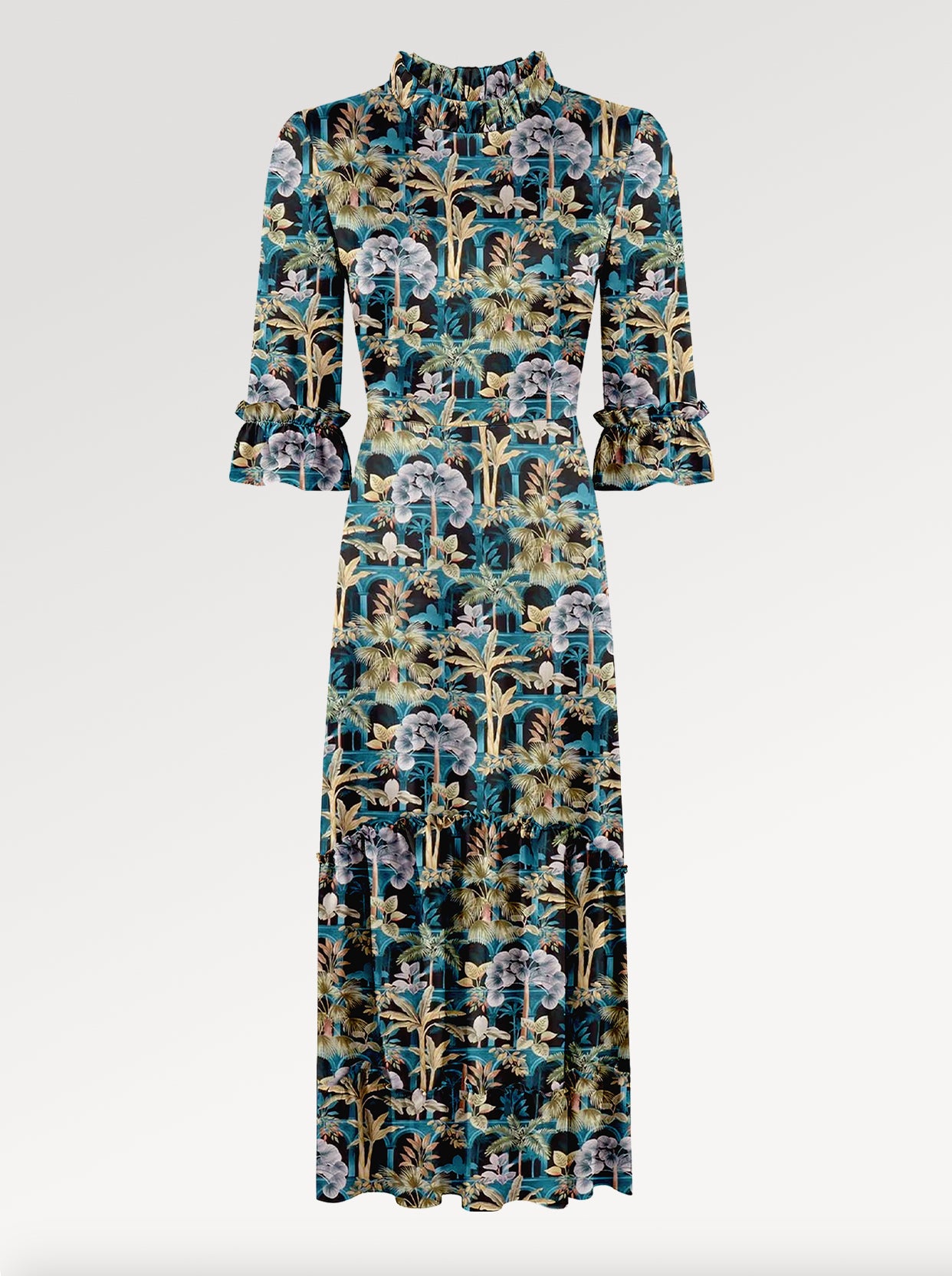 Ridley_London_Black_Teal_Tropical_Babylon_Liberty_Print_Silk_Satin_Jacqueline_Maxi_Bespoke_Wedding_Guest_Mother_of_The_Bride_Dress_With_Ruffled_High_Necked_Collar_Tiered_Skirt_And_Three_Quarter_Length_Sleeves