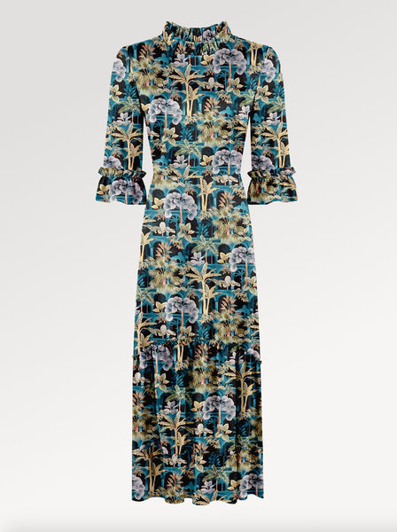 Ridley_London_Black_Teal_Tropical_Babylon_Liberty_Print_Silk_Satin_Jacqueline_Maxi_Bespoke_Wedding_Guest_Mother_of_The_Bride_Dress_With_Ruffled_High_Necked_Collar_Tiered_Skirt_And_Three_Quarter_Length_Sleeves