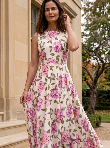 Ridley_London_Cream_Pink_Marta_Amelia_Silk_Twill_Mother_Of_the_Bride_Wedding_Guest_Rose_Print_Liberty_Silk_Allegra_Maxi_Dress_With_Full_Skirt_And_Fitted_Bodice